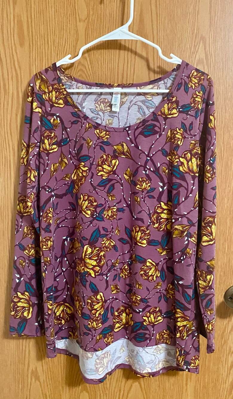 LuLaRoe Lynnae Long Sleeve Floral Top Purple Yellow Roses Size L